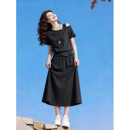 韩系简约深灰露肩短袖T恤+半身裙高腰长裙两件套装女夏季  服裝批發女裝批發服飾貨源