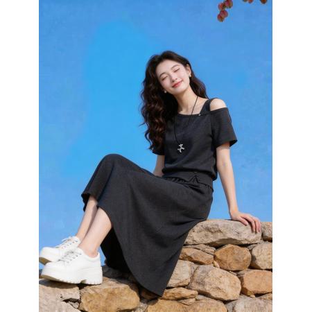 韩系简约深灰露肩短袖T恤+半身裙高腰长裙两件套装女夏季  服裝批發女裝批發服飾貨源