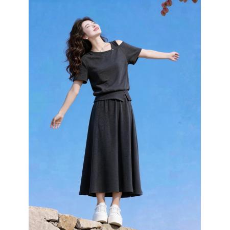 韩系简约深灰露肩短袖T恤+半身裙高腰长裙两件套装女夏季  服裝批發女裝批發服飾貨源