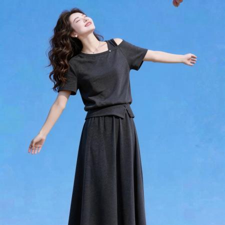 韩系简约深灰露肩短袖T恤+半身裙高腰长裙两件套装女夏季  服裝批發女裝批發服飾貨源