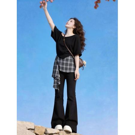 大码胖MM法式复古格纹不规则斜肩短袖女夏季新款高腰假两件微喇裤  服裝批發女裝批發服飾貨源