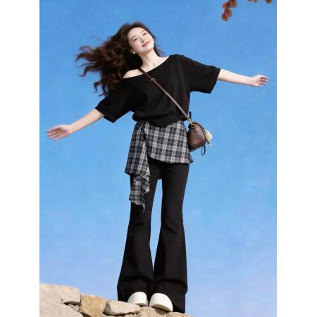 大码胖MM法式复古格纹不规则斜肩短袖女夏季新款高腰假两件微喇裤  服裝批發女裝批發服飾貨源