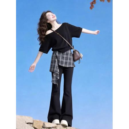大码胖MM法式复古格纹不规则斜肩短袖女夏季新款高腰假两件微喇裤  服裝批發女裝批發服飾貨源