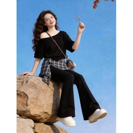 大码胖MM法式复古格纹不规则斜肩短袖女夏季新款高腰假两件微喇裤  服裝批發女裝批發服飾貨源