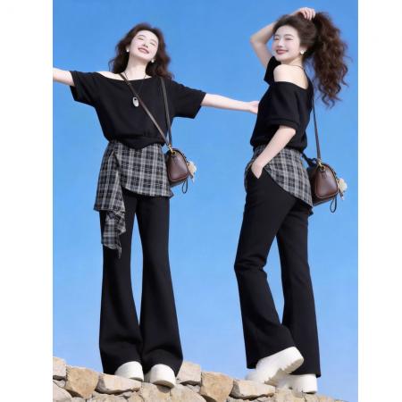 大码胖MM法式复古格纹不规则斜肩短袖女夏季新款高腰假两件微喇裤  服裝批發女裝批發服飾貨源