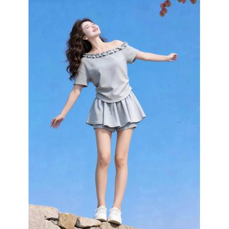 小个子独特绝美显高穿搭一整套女夏装斜肩短袖上衣半身裙两件套装  服裝批發女裝批發服飾貨源