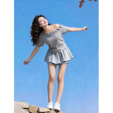 小个子独特绝美显高穿搭一整套女夏装斜肩短袖上衣半身裙两件套装  服裝批發女裝批發服飾貨源