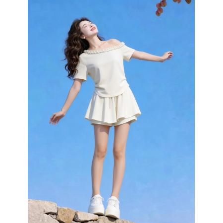 小个子独特绝美显高穿搭一整套女夏装斜肩短袖上衣半身裙两件套装  服裝批發女裝批發服飾貨源