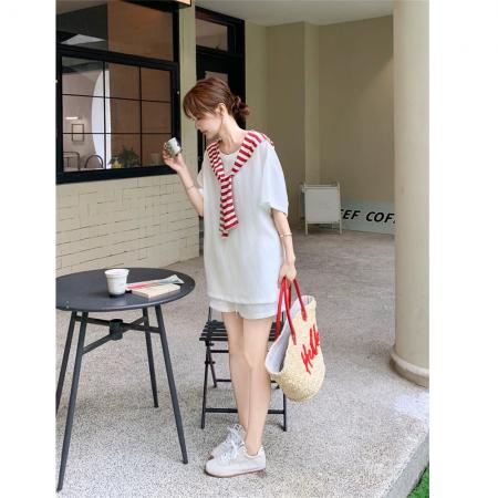 BY17049# 条纹披肩T恤半身裙套装女夏大方得体流行两件套超火巨好看减龄  服裝批發女裝批發服飾貨源