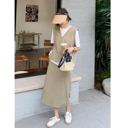 盐系工装风假两件马甲短袖半身裙两件套女夏季新款酷飒风套装  服裝批發女裝批發服飾貨源