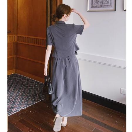 BY17051# 复古设计感套装女夏季新款时髦洋气短袖西装显瘦半身裙两件套  服裝批發女裝批發服飾貨源