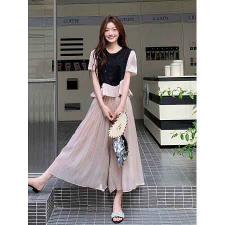 高端星空烫钻拼接短袖九分裤裙套装女夏季穿搭一整套洋气  服裝批發女裝批發服飾貨源