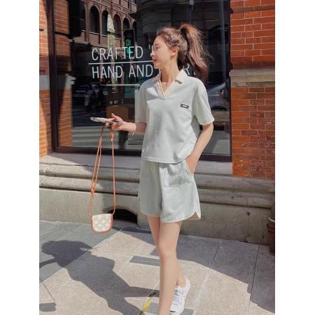 BY17056# polo领短袖上衣短裤两件套女夏季俏皮活泼减龄学院风休闲运动套装  服裝批發女裝批發服飾貨源
