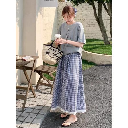 BY17058# 灰色休闲T恤套装女夏季新款韩系松弛感花边格子裤裙两件套  服裝批發女裝批發服飾貨源