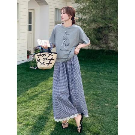 BY17058# 灰色休闲T恤套装女夏季新款韩系松弛感花边格子裤裙两件套  服裝批發女裝批發服飾貨源