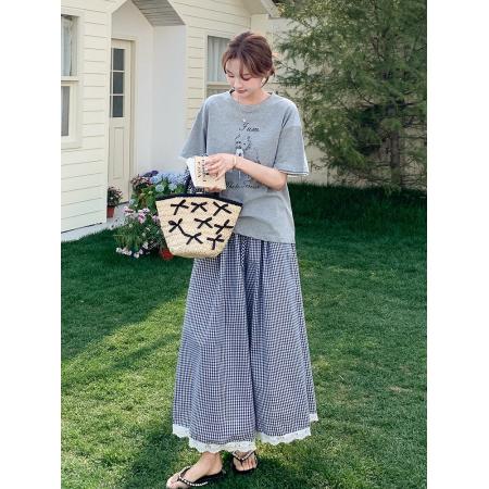 BY17058# 灰色休闲T恤套装女夏季新款韩系松弛感花边格子裤裙两件套  服裝批發女裝批發服飾貨源