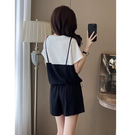 盐系穿搭休闲运动套装女夏洋气减龄假两件吊带短袖高腰短裤两件套  服裝批發女裝批發服飾貨源