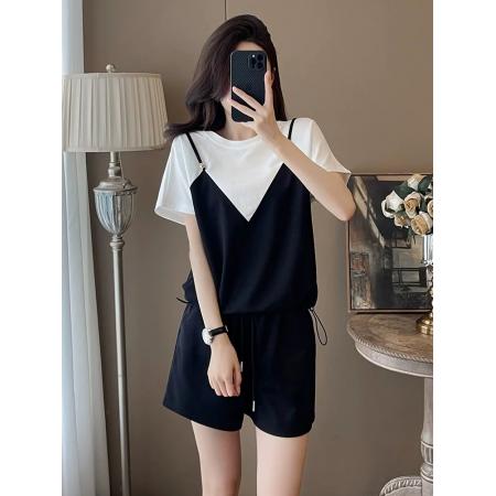 盐系穿搭休闲运动套装女夏洋气减龄假两件吊带短袖高腰短裤两件套  服裝批發女裝批發服飾貨源