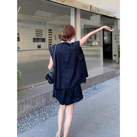 BY17062# 藏蓝色韩范时尚独特学院风衬衫套装女夏季新款阔腿短裤两件套  服裝批發女裝批發服飾貨源