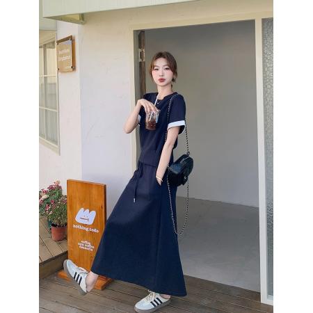 藏青色运动休闲短袖t恤套装裙女夏季新款超火半身裙两件套  服裝批發女裝批發服飾貨源