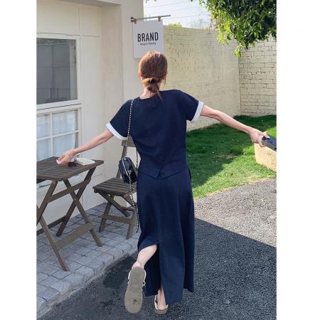 BY17063# 藏青色运动休闲短袖t恤套装裙女夏季新款超火半身裙两件套  服裝批發女裝批發服飾貨源