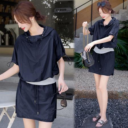 假两件短袖抽绳薄款上衣女新款夏季休闲运动半裙显瘦短款套装  服裝批發女裝批發服飾貨源