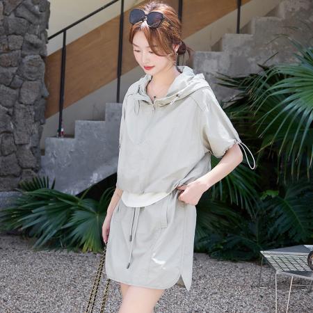 假两件短袖抽绳薄款上衣女新款夏季休闲运动半裙显瘦短款套装  服裝批發女裝批發服飾貨源