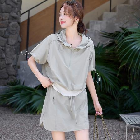 假两件短袖抽绳薄款上衣女新款夏季休闲运动半裙显瘦短款套装  服裝批發女裝批發服飾貨源