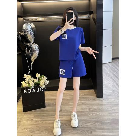 蓝色运动休闲套装女夏季新款宽松洋气减龄炸街短袖短裤两件套  服裝批發女裝批發服飾貨源