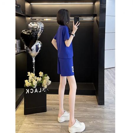 BY17066# 蓝色运动休闲套装女夏季新款宽松洋气减龄炸街短袖短裤两件套  服裝批發女裝批發服飾貨源