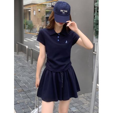 时尚休闲短裤裙套装女夏夏季新款洋气减龄polo衫短袖两件套  服裝批發女裝批發服飾貨源
