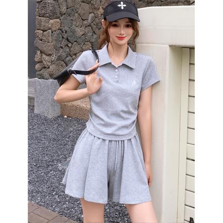 BY17067# 时尚休闲短裤裙套装女夏夏季新款洋气减龄polo衫短袖两件套  服裝批發女裝批發服飾貨源