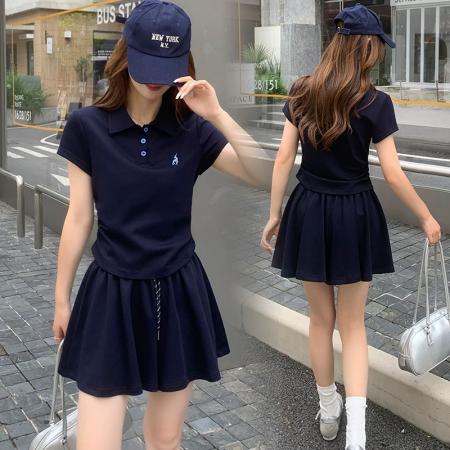 BY17067# 时尚休闲短裤裙套装女夏夏季新款洋气减龄polo衫短袖两件套  服裝批發女裝批發服飾貨源