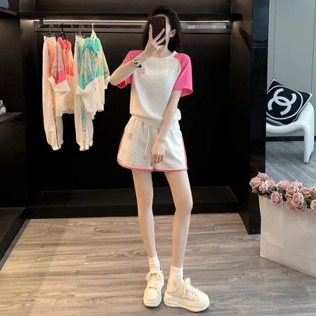 盐系炸街短袖短裤套装女夏装时尚减龄洋气网红休闲运动两件套跑步  服裝批發女裝批發服飾貨源