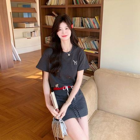 BY17069# 韩系时尚套装女夏新款减龄卡通刺绣短袖休闲短裙两件套  服裝批發女裝批發服飾貨源