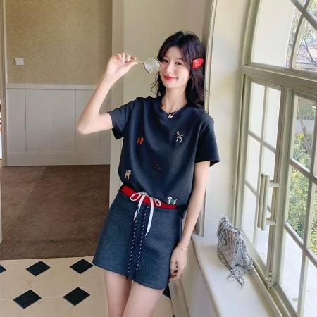 BY17069# 韩系时尚套装女夏新款减龄卡通刺绣短袖休闲短裙两件套  服裝批發女裝批發服飾貨源