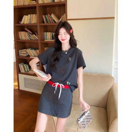 BY17069# 韩系时尚套装女夏新款减龄卡通刺绣短袖休闲短裙两件套  服裝批發女裝批發服飾貨源