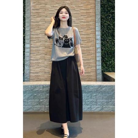 BY17070# 夏季减龄多巴胺一整套穿搭韩系小个子灰色正肩卡通T恤半身裙套装  服裝批發女裝批發服飾貨源