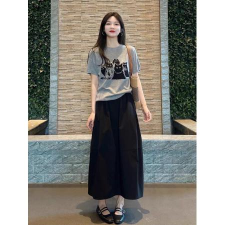 BY17070# 夏季减龄多巴胺一整套穿搭韩系小个子灰色正肩卡通T恤半身裙套装  服裝批發女裝批發服飾貨源