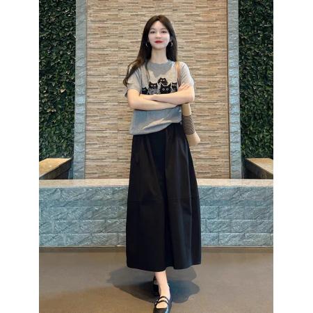 BY17070# 夏季减龄多巴胺一整套穿搭韩系小个子灰色正肩卡通T恤半身裙套装  服裝批發女裝批發服飾貨源