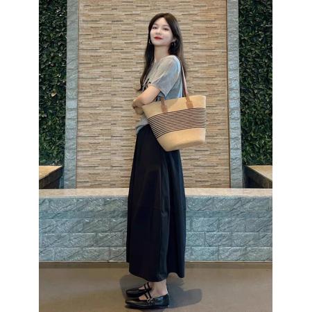 BY17070# 夏季减龄多巴胺一整套穿搭韩系小个子灰色正肩卡通T恤半身裙套装  服裝批發女裝批發服飾貨源