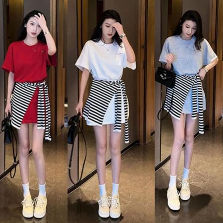 夏装搭配一整套时尚减龄小个子圆领t恤+半身裙裤+条纹披肩三件套  服裝批發女裝批發服飾貨源