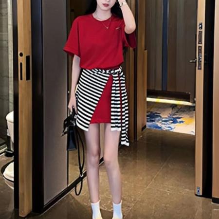 夏装搭配一整套时尚减龄小个子圆领t恤+半身裙裤+条纹披肩三件套  服裝批發女裝批發服飾貨源