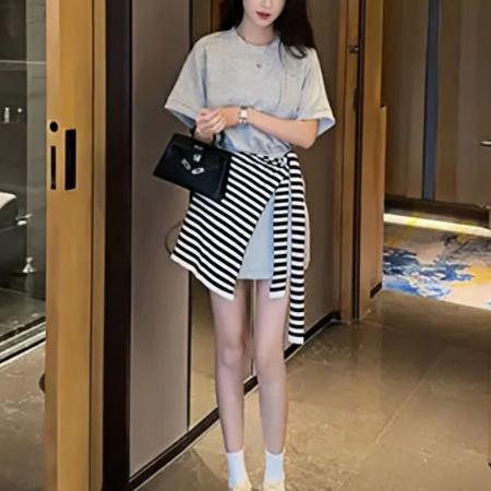 夏装搭配一整套时尚减龄小个子圆领t恤+半身裙裤+条纹披肩三件套  服裝批發女裝批發服飾貨源