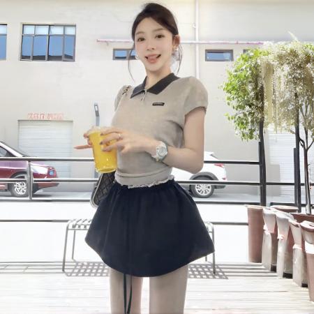 薄款毛衣t恤女夏polo衫+芭蕾风学院风花苞裙假两件松紧腰半身裙裤  服裝批發女裝批發服飾貨源