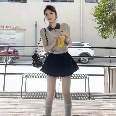 薄款毛衣t恤女夏polo衫+芭蕾风学院风花苞裙假两件松紧腰半身裙裤  服裝批發女裝批發服飾貨源