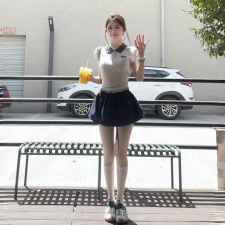 薄款毛衣t恤女夏polo衫+芭蕾风学院风花苞裙假两件松紧腰半身裙裤  服裝批發女裝批發服飾貨源