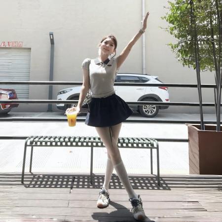 薄款毛衣t恤女夏polo衫+芭蕾风学院风花苞裙假两件松紧腰半身裙裤  服裝批發女裝批發服飾貨源