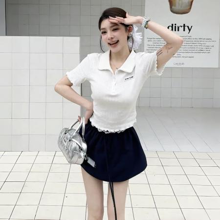 显瘦纯欲t恤新款千金风气质上衣+芭蕾学院风花苞裙裤假两件松紧腰  服裝批發女裝批發服飾貨源