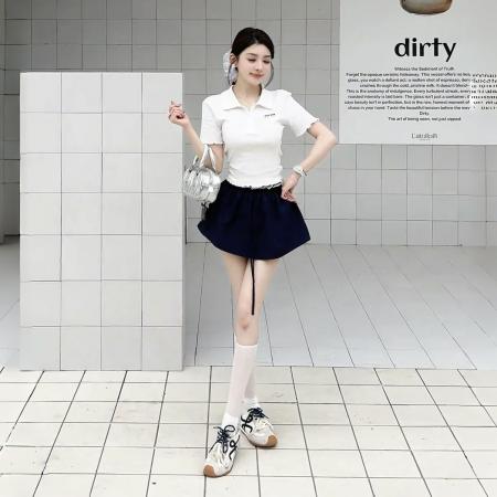 显瘦纯欲t恤新款千金风气质上衣+芭蕾学院风花苞裙裤假两件松紧腰  服裝批發女裝批發服飾貨源